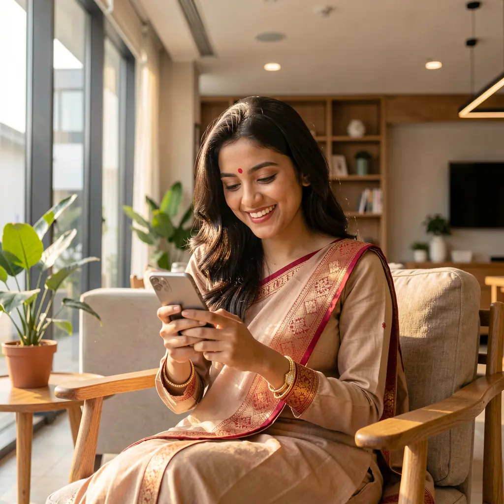 Relaxed Bangladeshi woman smiling as she uses the 988TK mobile casino app on her smartphone in a modern indoor setting