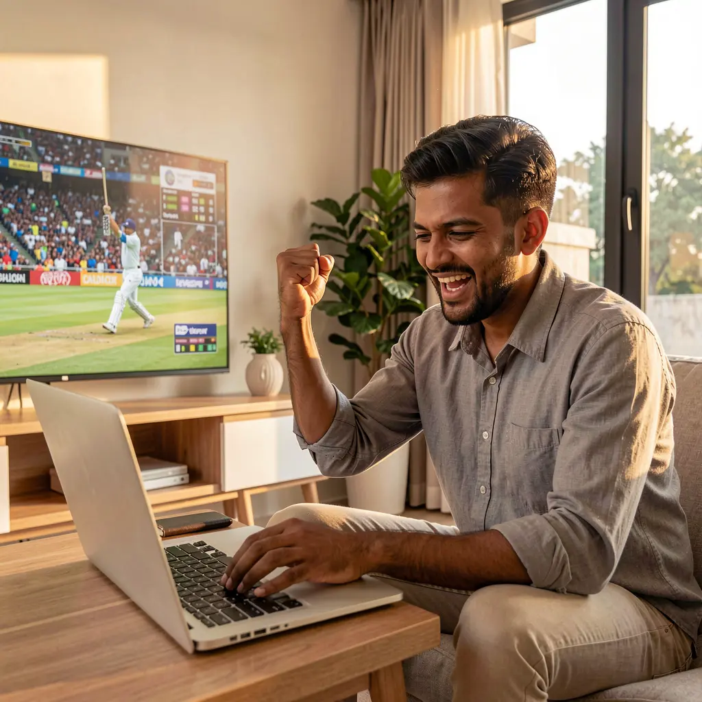 Excited Bangladeshi sports betting fan celebrating a win while placing live cricket bets on a laptop through 988TK at home
