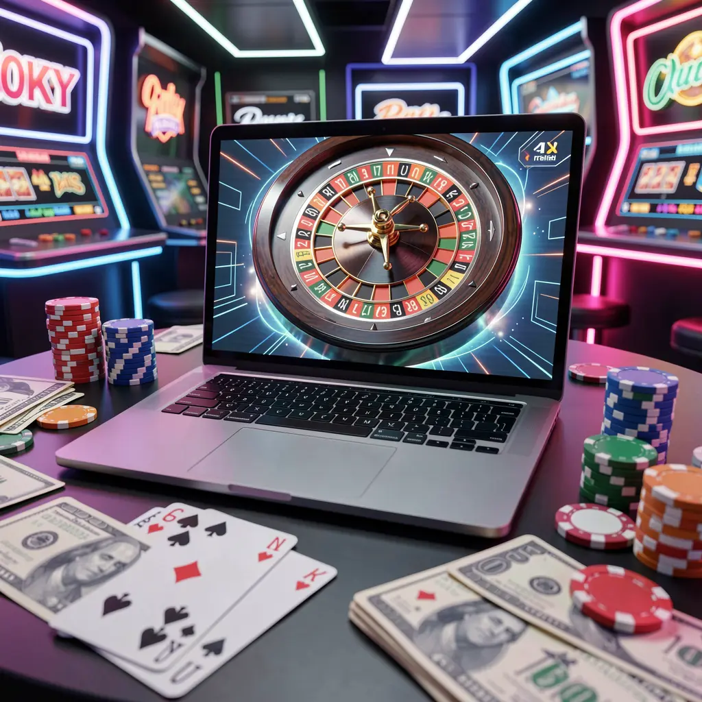 Stylish laptop displaying a vibrant online roulette wheel with scattered casino chips and cards showcasing the immersive 988TK casino gaming experience for players in Bangladesh