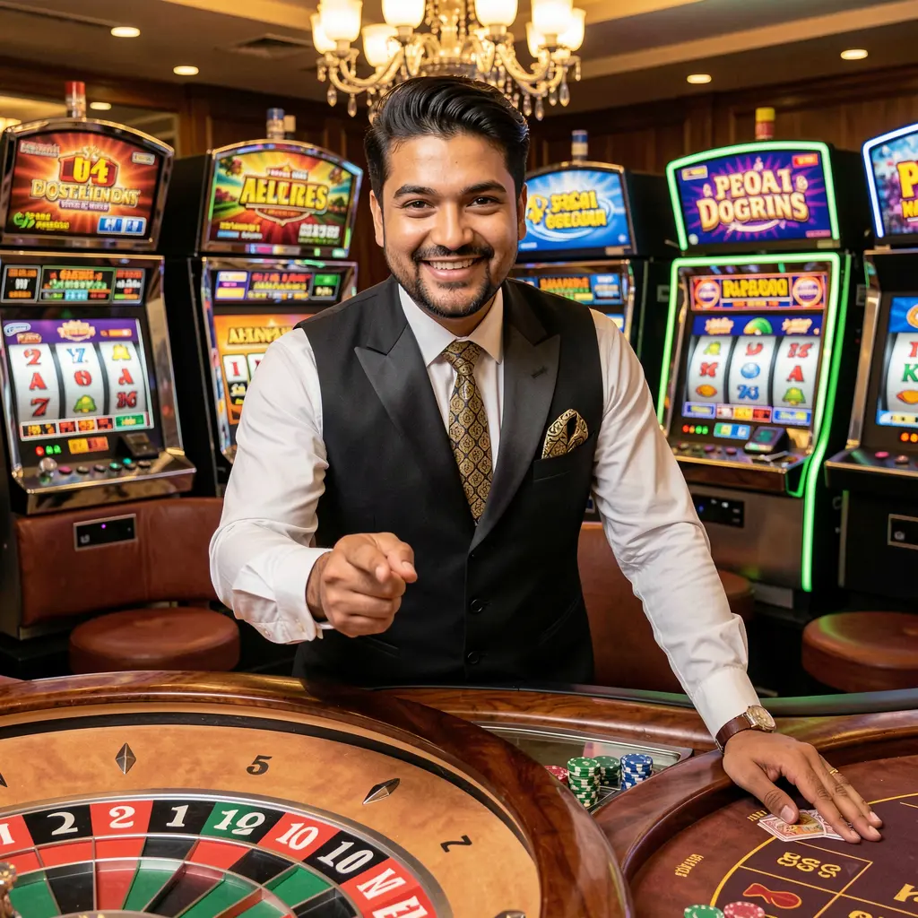 Smiling Bangladeshi casino dealer pointing forward with roulette and slot machines behind him symbolizing trusted 988TK login