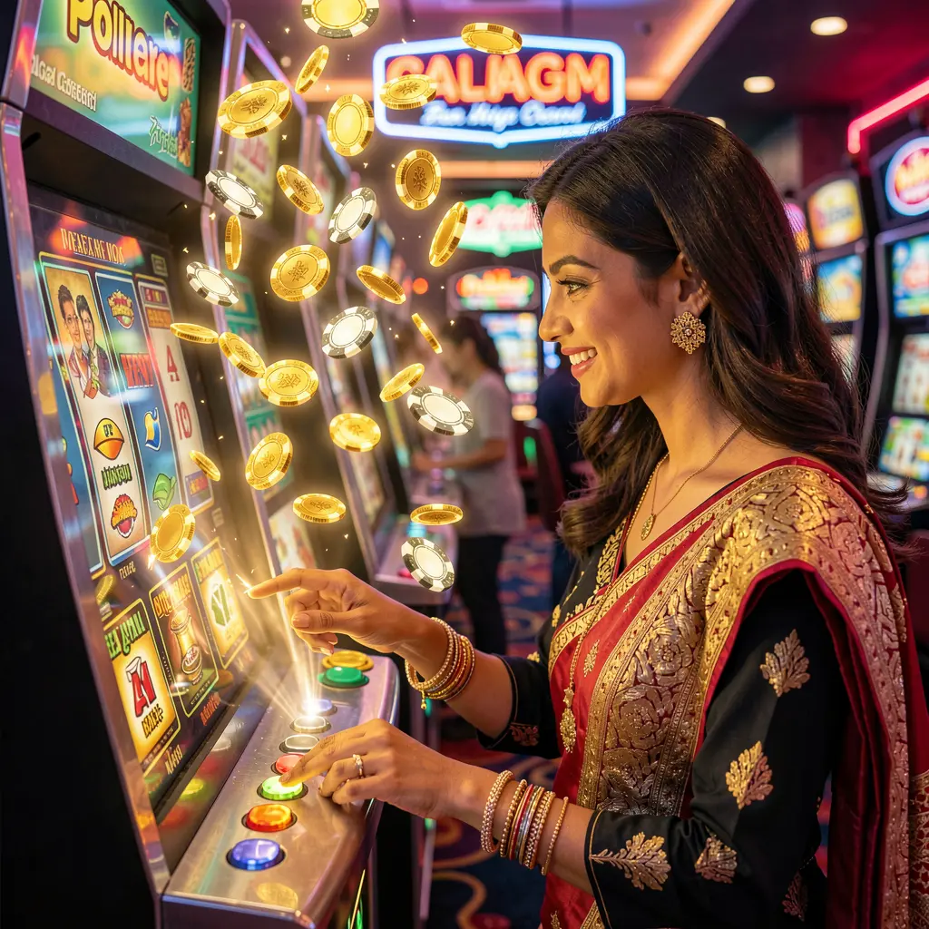 Close up of a female player pressing the spin button on a modern slot machine with bright lights and casino atmosphere at 988TK in Bangladesh